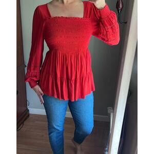 Not For Sale-Red Torrid Long sleeve Babydoll Lace Inset Smocked Square Neckline